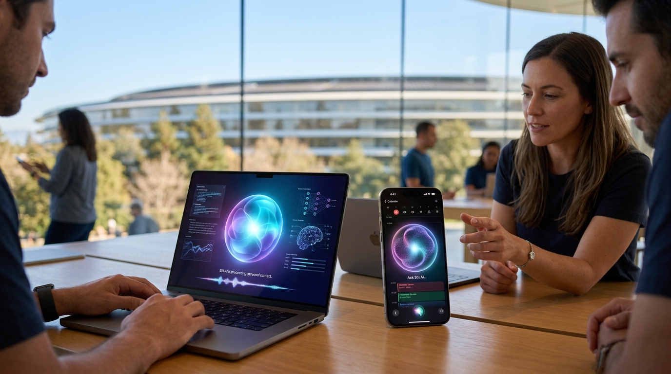 Illustration générée par IA d'un environnement de bureau lumineux avec un MacBook et un iPhone affichant l'interface de Siri AI