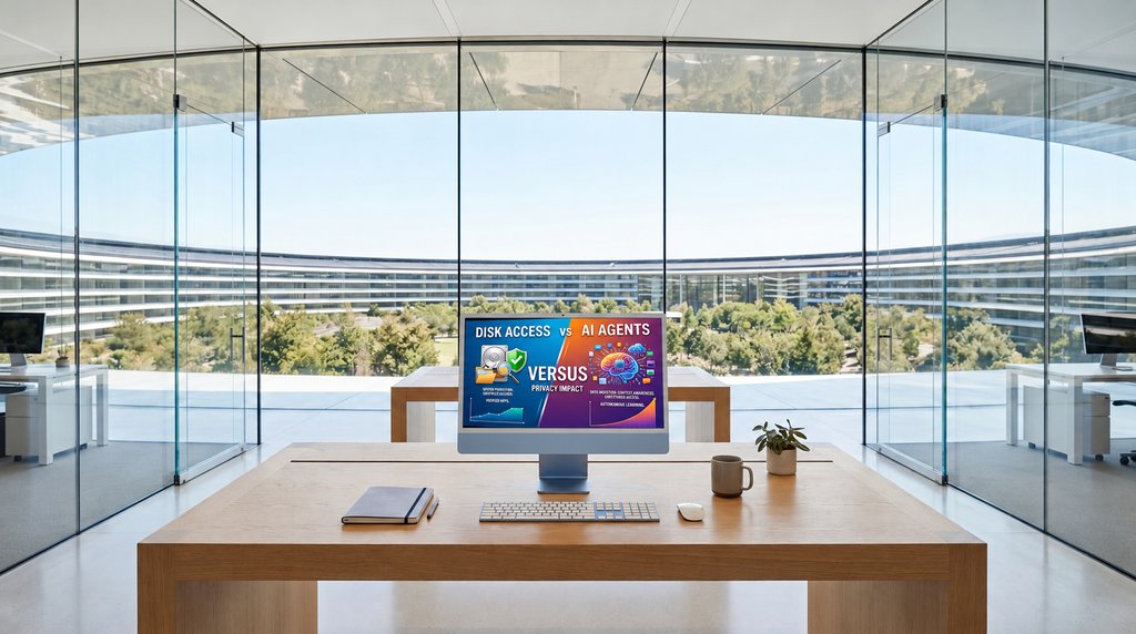 Illustration générée par IA : un iMac sur un bureau en bois, devant une façade vitrée circulaire, affichant un écran opposant l'accès au disque et les agents d'IA