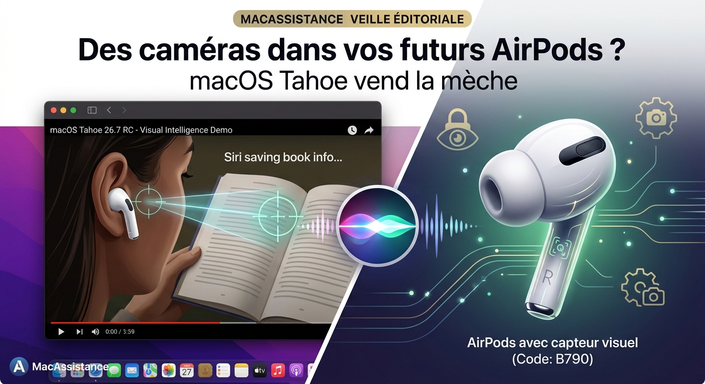 Illustration d'AirPods équipés d'un capteur visuel utilisant Visual Intelligence pour identifier un livre, nom de code B790