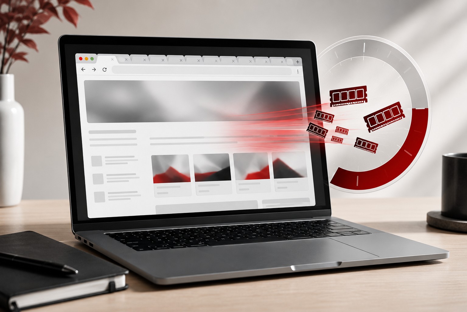 MacBook affichant une fenêtre de navigateur avec de nombreux onglets ouverts, illustré par une jauge de mémoire saturée et des barrettes de RAM stylisées