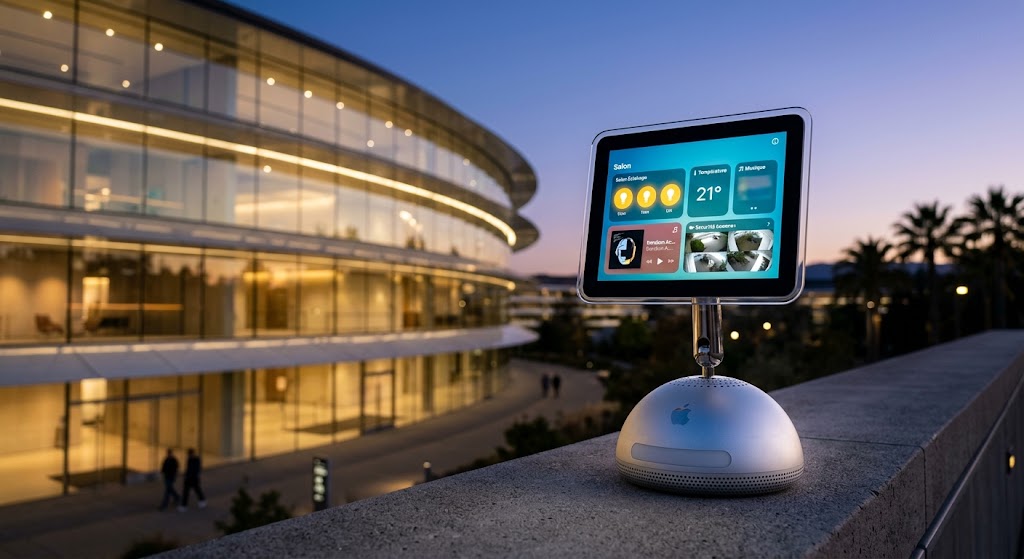 Vue d'artiste d'un écran domestique Apple posé sur un pied en demi-sphère, devant le siège d'Apple au crépuscule