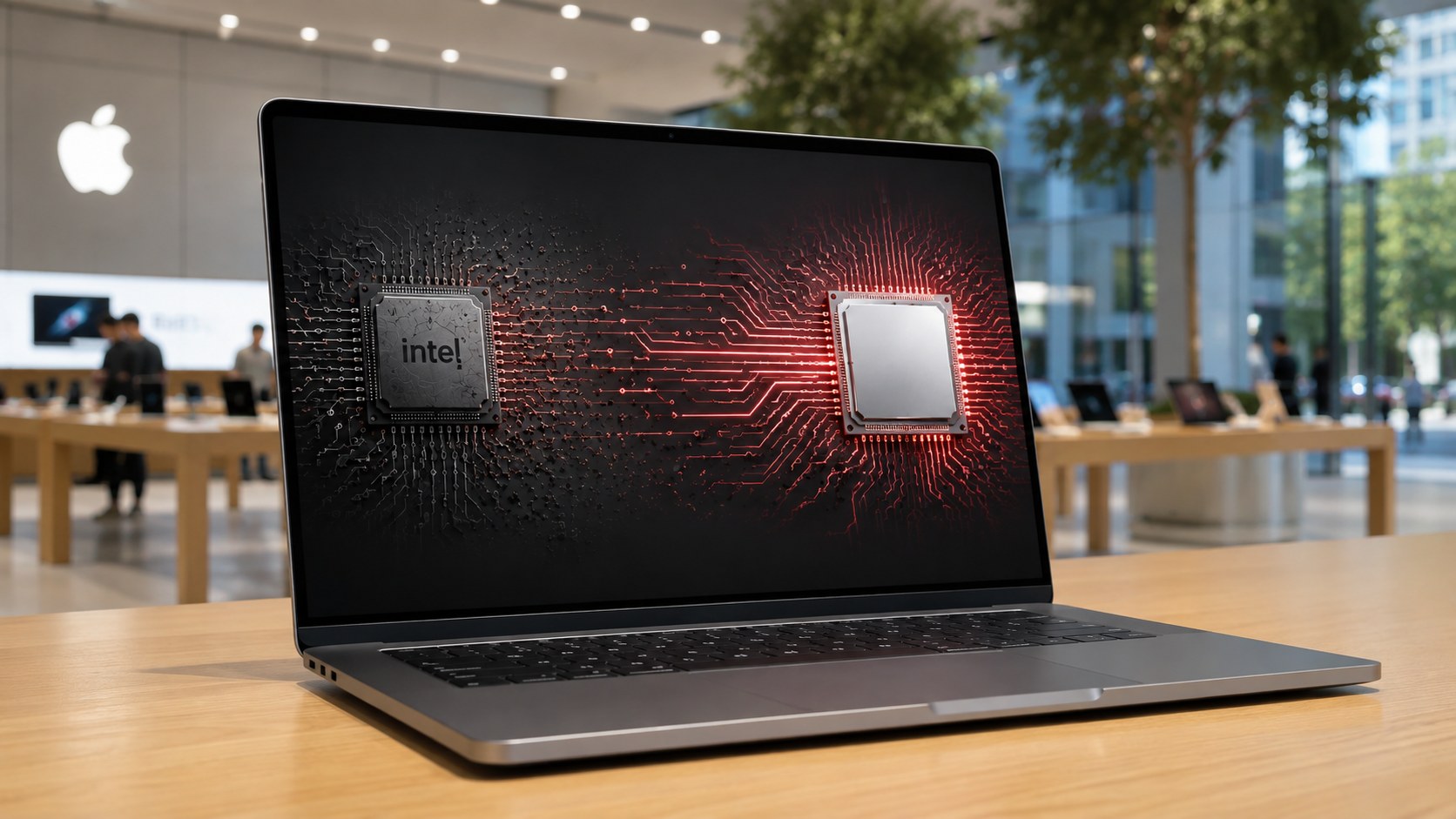 Illustration d'un Mac dont l'écran affiche une puce électronique se transformant progressivement d'un processeur Intel vers une puce Apple Silicon, symbolisant la fin annoncée du support Intel sous macOS