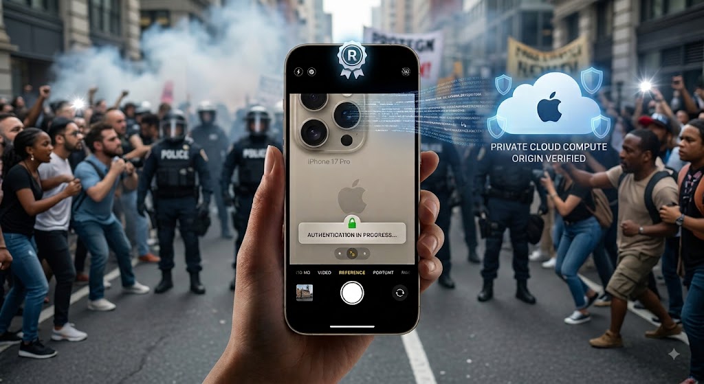 iPhone en mode Reference affichant une authentification en cours via Private Cloud Compute, illustration du futur système d'authentification photo d'iOS 27