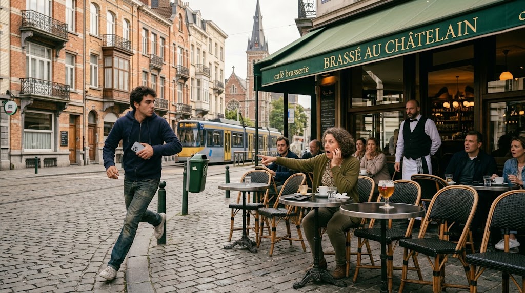Illustration générée par IA d'un vol à l'arraché de smartphone en terrasse à Bruxelles