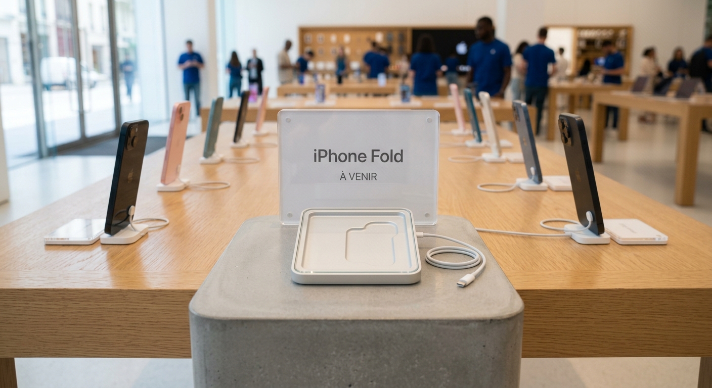 Illustration d'un Apple Store avec un présentoir vide et une pancarte « iPhone Fold — À venir », évoquant l'attente du premier iPhone pliant