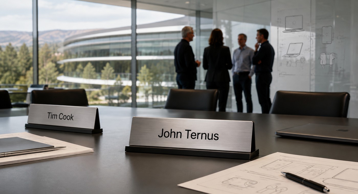 Plaques nominatives « Tim Cook » et « John Ternus » sur une table de réunion à l'Apple Park, avec en arrière-plan quatre silhouettes de dirigeants en discussion devant un mur couvert de croquis de produits Apple