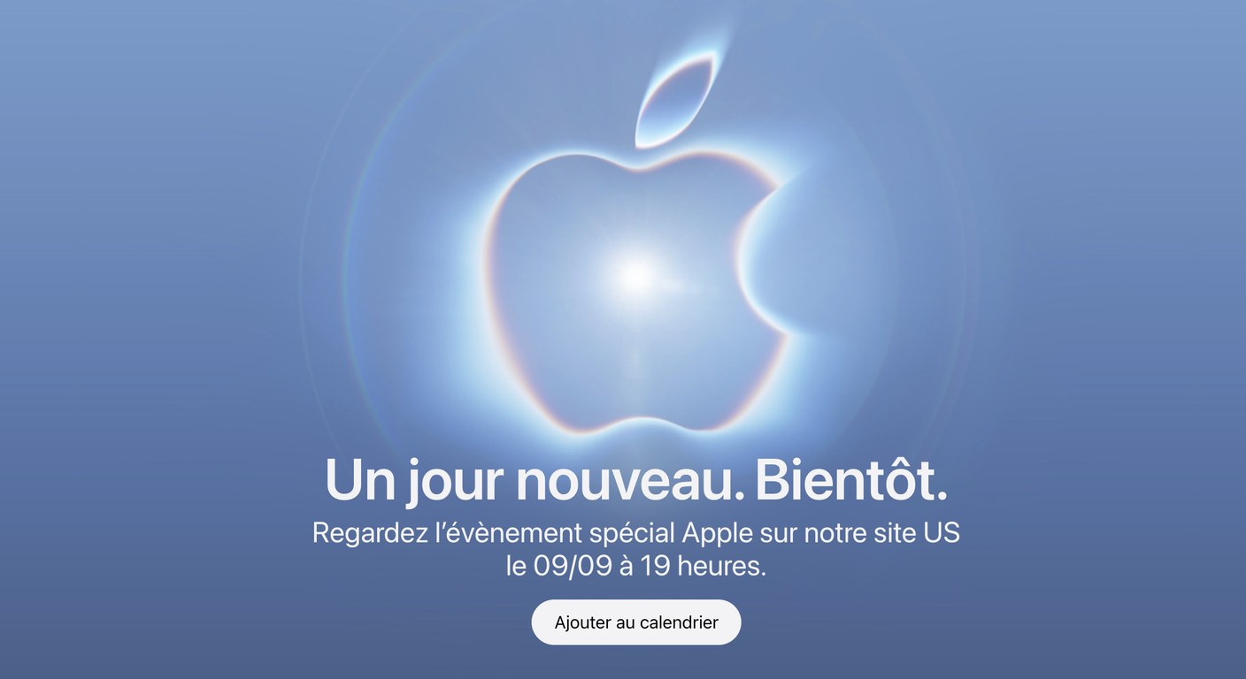 Invitation Apple pour la keynote « Surprise and shine » du 9 septembre 2026, logo Apple lumineux sur fond bleu