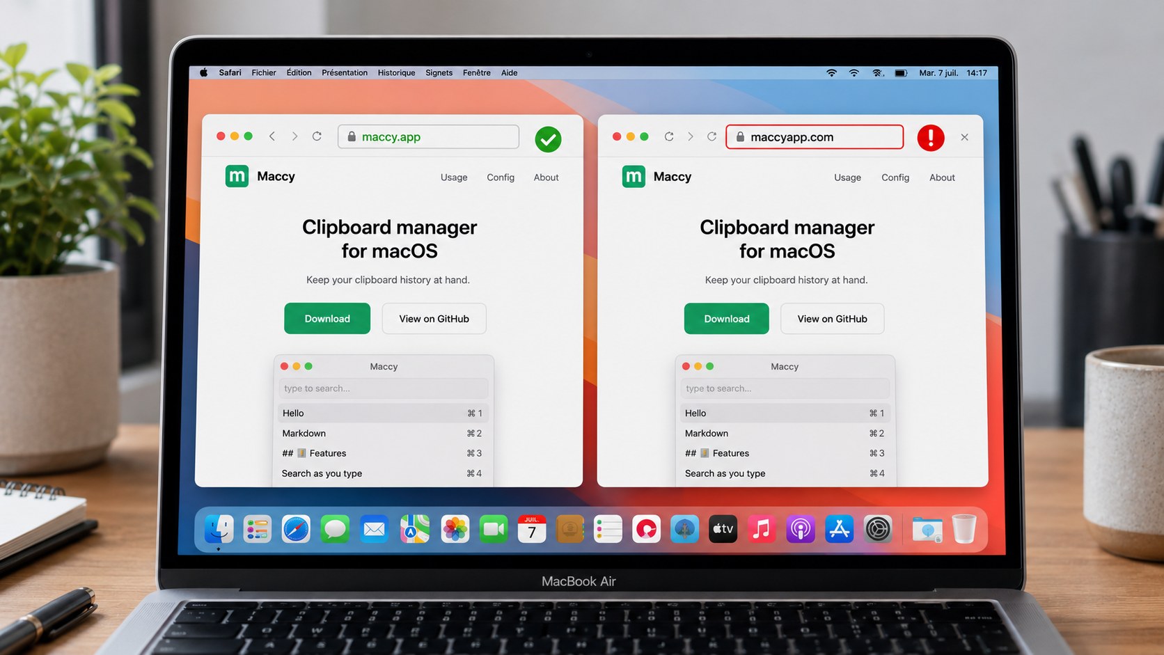 Comparaison du vrai site maccy.app et du faux site maccyapp.com utilisé pour distribuer PamStealer