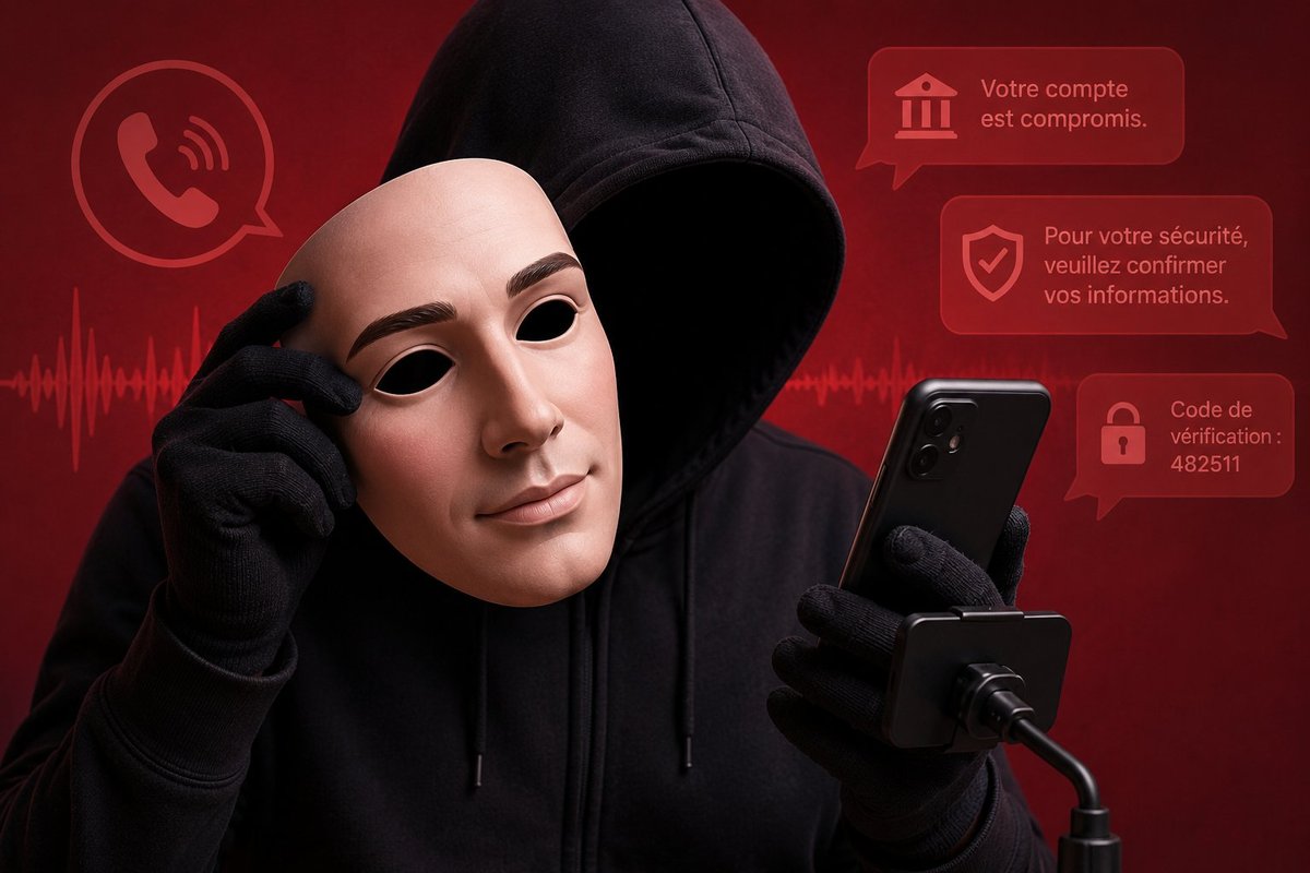 Illustration vishing — escroc masqué avec téléphone imitant une voix